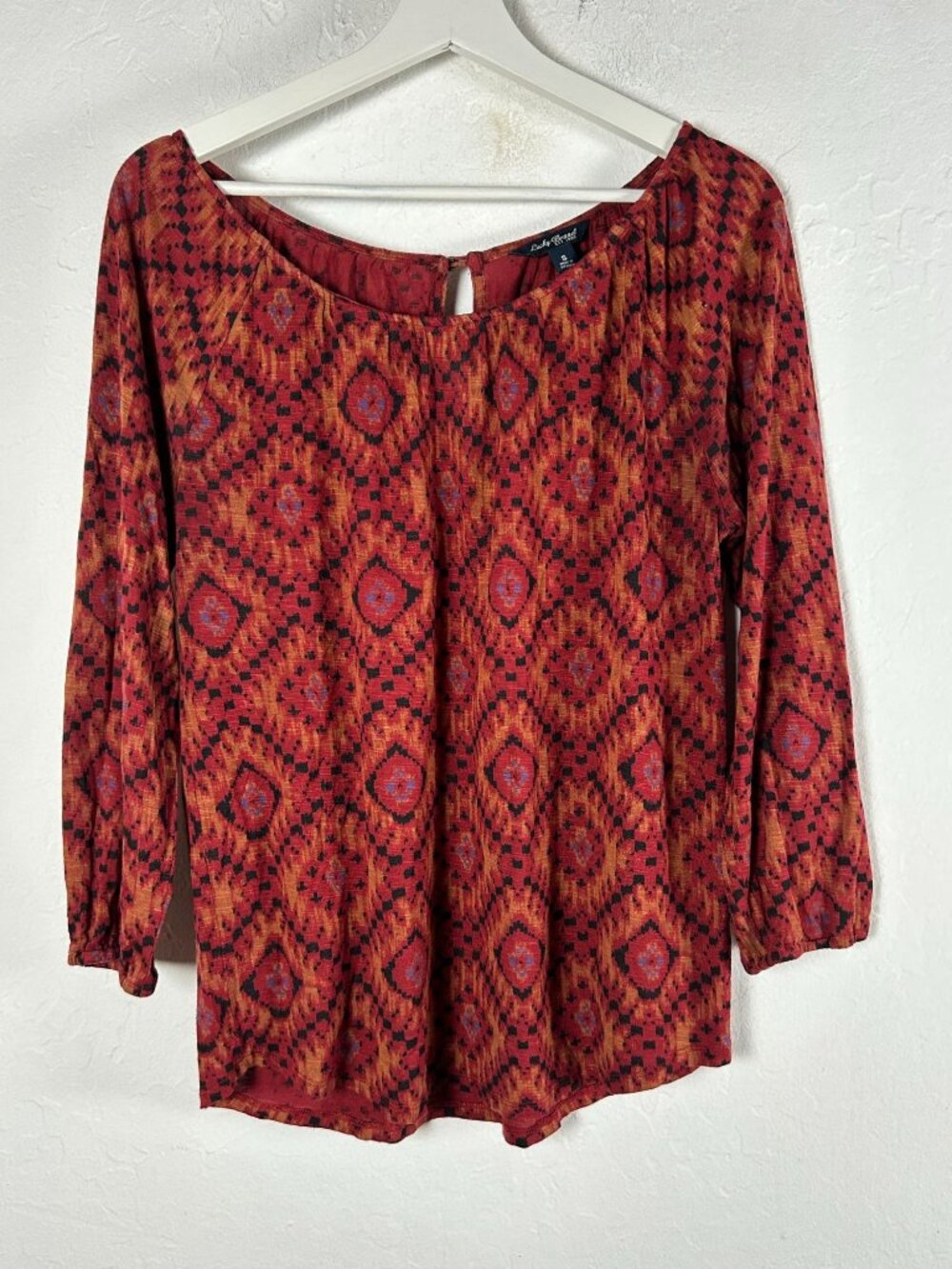 Lucky Brand Women's Burnt Orange Casual Ikat Print Top Blouse Small 3/4 Sleeve